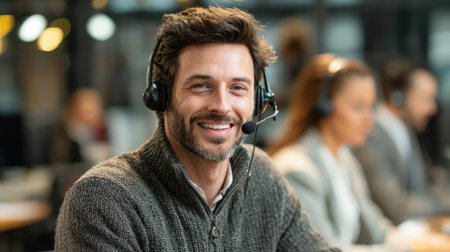 Medium shot of a professional comparing different noisecanceling headsets focusing on comfort and sound clarity for call center efficiency.の素材