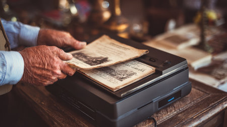 Technician scanning historical documents using highresolution digital equipment for longterm digital preservation.の素材