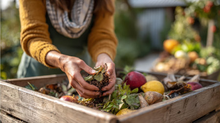 Closeup of hands turning organic waste in a backyard compost bin promoting natural decomposition and sustainable garden care.の素材