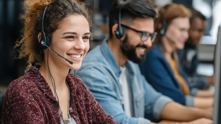 Customer support representatives collaborating efficiently with hybrid cloud phone systems in a dynamic call center.の素材