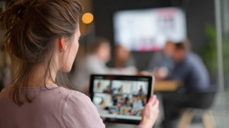 Medium shot of a professional guiding employees through an interactive elearning module on a tablet highlighting personalized digital training solutions.の素材