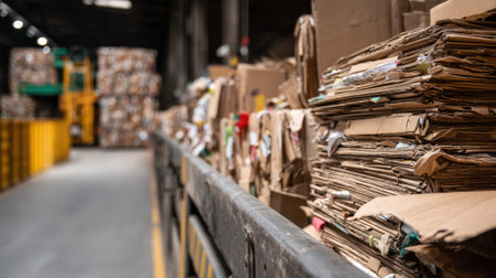 Medium shot showing cardboard materials being fed into an industrial baling machine compacting for ecofriendly waste managementの素材