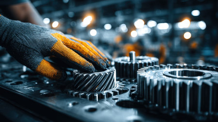 Maintenance specialist inspecting and tuning metal gears with precision tools during scheduled breakout downtime.の素材