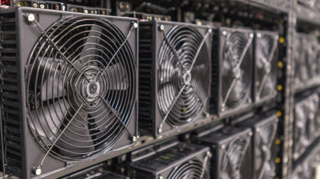 Medium shot showcasing advanced airbased cooling fans mounted on server racks ensuring optimal airflow and temperature control in data centersの素材