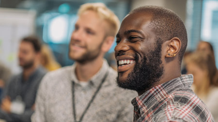 Diverse group engaged in an interactive diversity and inclusion workshop fostering collaboration and open communication in a bright modern corporate setting.の素材