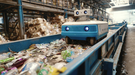 Medium shot of an autonomous robot equipped with sensors and grippers sorting mixed waste on a conveyor belt in a recycling facilityの素材