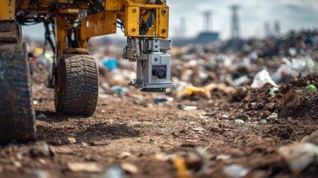 Closeup of autonomous machine sensors scanning landfill terrain differentiating recyclable items from general refuse for sustainable reuse.の素材