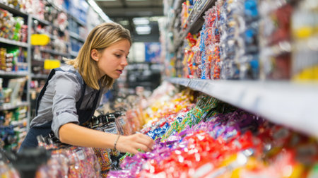 Employee organizing colorful products on a wellstocked retail shelf focusing on neat arrangement and accessibility.の素材