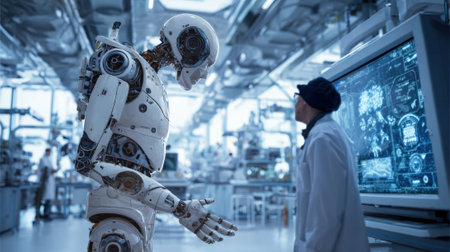 Medium frame capturing a humanoid robot interacting with researchers in a hightech lab highlighting innovations in robotics for scientific exploration.の素材