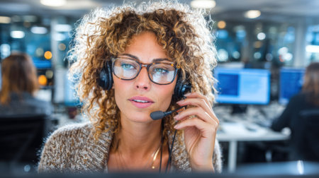 A customer support agent using advanced software with multilanguage capabilities to assist diverse clients effectively.の素材