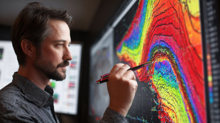 Medium shot of a geologist manipulating an interactive 3D geological model on a touchscreen visualizing underground rock formations with precise data points.の素材