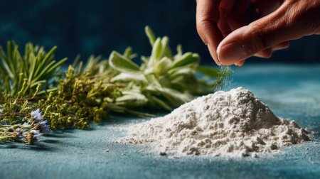 Medium shot capturing a hand measuring plantbased detergent powder beside organic herbs emphasizing natural and chemicalfree cleaning solutions.の素材