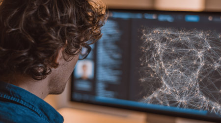Medium shot of a person analyzing a detailed digital profile on a computer screen exploring social connections and online behavior patterns.の素材