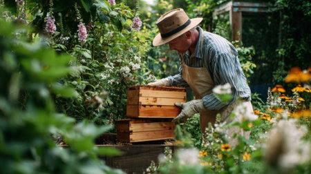 Experienced beekeeper carefully lifting a wooden beehive box in a lush garden surrounded by blooming flowers and green foliage.の素材