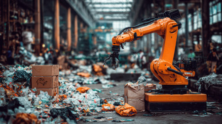 Medium shot of an articulated robotic arm efficiently picking up waste in a cluttered industrial environment highlighting precision handling in tight spaces.の素材