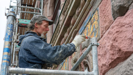 Conservators clean and stabilize weathered stone facades protecting cultural heritage by preserving the buildings historic character and structural integrityの素材