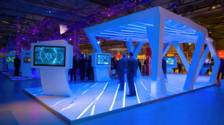 Medium shot highlighting an innovative exhibition stand featuring dynamic LED lighting and interactive digital screens for engaging visitor experiences.の素材