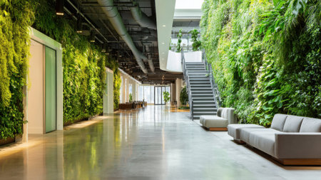 Medium shot of a living wall in a modern office showcasing lush greenery that enhances indoor air quality and fosters a calming work environment.の素材