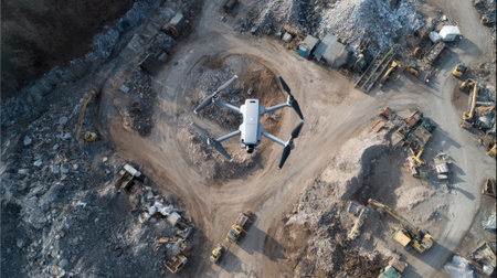 LIDARequipped drone scans a complex waste disposal area creating detailed 3D maps to support site management and terrain assessment.の素材