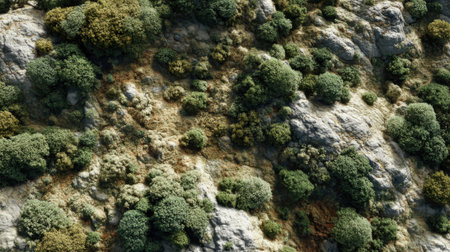 Medium shot capturing a digital terrain model emphasizing dense vegetation patterns and varied foliage textures in a natural landscape.の素材