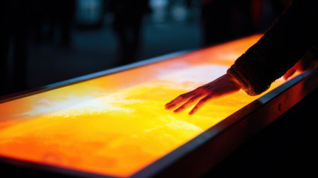 Medium frame of hands examining a colorchanging thermochromatic printed poster that transforms with ambient temperature variations in an interactive display.の素材