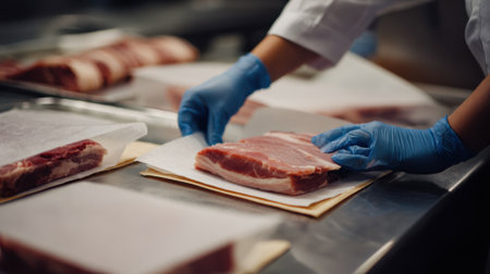 Medium shot of hands carefully placing meat portions onto paper sheets for ecofriendly wrapping in a clean areaの素材