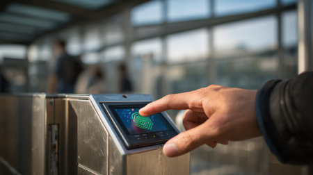 Medium shot of biometric fingerprint scanner capturing identity data for secure airport zone access controlの素材