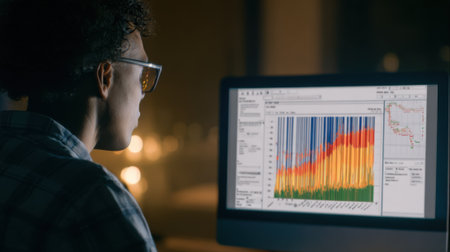 Medium shot of a professional analyzing AIdriven predictive models on a screen to optimize business workflows and improve operational forecasting accuracyの素材