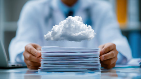 Technician comparing digital cloud storage with physical paper records for test result accuracy.の素材