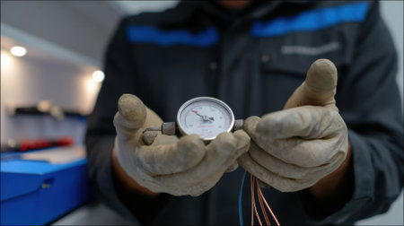 Medium shot showing manual gauge in hands measuring wire thickness against standards under clean workshop lighting.の素材