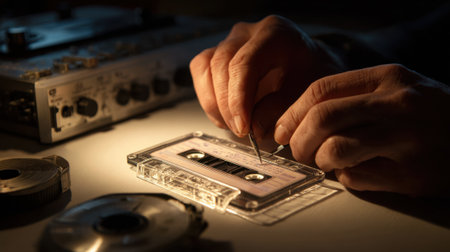 Technician carefully splicing and cleaning a vintage cassette tape to restore audio clarity and preserve nostalgic recordings in a dimly lit studio.の素材