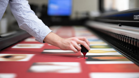 Closeup medium shot of a designer applying low VOC inks on fabric focusing on healthfriendly environmentally safe printing methods in a modern workspace.の素材