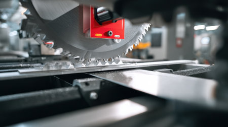 Medium shot focusing on smart saw alignment sensors providing immediate feedback to ensure accurate and straight cuts.の素材