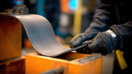 Medium shot capturing the curved steel blank being carefully bent and shaped by an expert using specialized tools.の素材