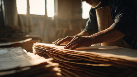 Medium shot of skilled hands slicing thin maple veneer sheets with precision in a workshop filled with natural lightの素材