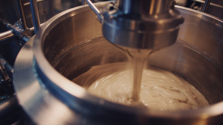 Medium shot of batch anode paste mixing capturing precise measured ingredient addition and thorough agitation for small scale production accuracyの素材