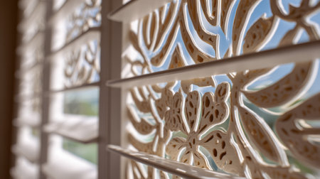Medium shot of decorative cutout patterns on composite shutters focusing on the blend of functionality and aesthetic appeal in modern window treatments.の素材