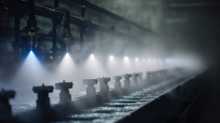 Medium shot capturing humidity sensors and automated misters actively regulating moisture levels to ensure stability in the casting environment.の素材