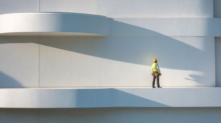 Architect inspecting a newly coated exterior surface with advanced finishes focusing on robustness and enhanced lifespan against environmental elements.の素材