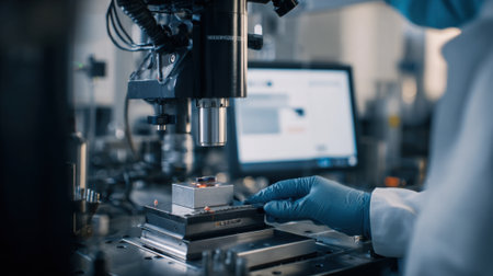 Detailed medium shot capturing the meticulous smallbatch inspection of nonferrous alloy prototypes during a phase of multifunctional property assessment.の素材