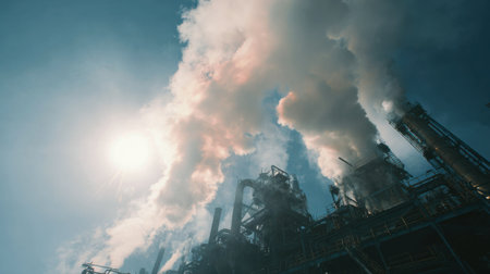Medium shot of smelting exhaust gases passing through advanced emission scrubber units illustrating environmental protection efforts in heavy industry operations.の素材