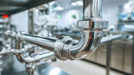 Medium shot focusing on pipe joints and fixture connections in a commercial kitchen plumbing system with stainless steel surfaces.の素材