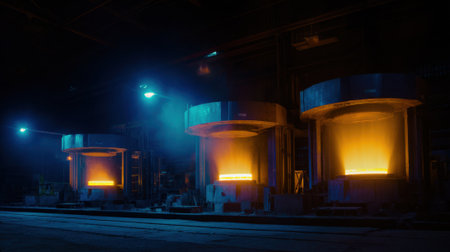 Medium shot of a modern induction furnace with glowing coils highlighting energyefficient heating technology in an industrial settingの素材