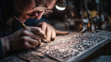 Craftsman carefully carving detailed metal patterns for casting focusing on metalworking techniques and fine surface detailing in an industrial studio.の素材