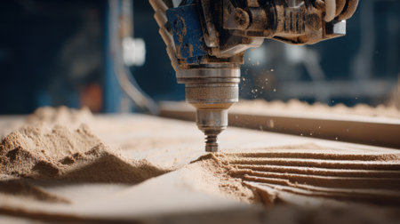 Medium shot of a robotic arm precisely layering sand in a hightech factory showcasing innovative 3D sand printing for rapid mold production.の素材