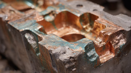 Medium shot showing a biodegradable copper alloy shell mold emphasizing ecofriendly material properties for sustainable casting processes.の素材