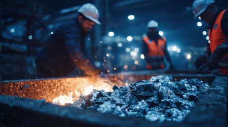 Focused view of workers handling scrap aluminum preparing for melting and casting into new ingots underlining ecoconscious metal recycling effortsの素材