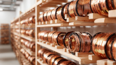 Medium shot of copper wire arranged systematically on wallmounted shelves inside a clean temperaturestabilized storage area for optimal material maintenance.の素材