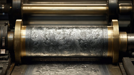Medium shot of gravure plate engraving showing rotary cylinder with deep etching patterns and skilled craftsmanship in creating printing groovesの素材