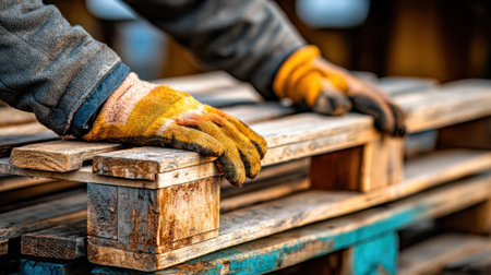 Closeup medium shot of hands repurposing old wooden pallets into stylish furniture highlighting creative recycling initiatives.の素材